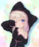  1girl :o armpit_crease baggy_clothes black_hoodie black_pajamas blue_eyes blush buttons cat_pajamas chestnut_mouth collarbone commentary_request dot_nose flat_chest floral_background gradient_hair highres hood hood_up hoodie long_hair long_sleeves looking_at_viewer messy_hair multicolored_hair off_shoulder one_eye_closed open_mouth original pajamas paw_print paw_print_background petite pink_hair ruju_ametoneco solo straight_hair upper_body very_long_sleeves white_hair 