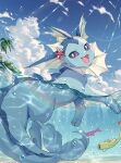  :d blue_skin blue_sky colored_skin commentary fins forked_tail head_fins highres kaminokefusa looking_at_viewer no_humans ocean pokemon pokemon_(creature) purple_eyes sky smile starfish_hair_ornament sunlight swimming tail tatsugiri vaporeon 