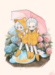  2boys blue_eyes boots boots_toast dante_(devil_may_cry) devil_may_cry_(series) flower highres jacket long_hair multiple_boys pale_skin rain raincoat rubber_boots umbrella vergil_(devil_may_cry) white_hair 