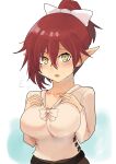  1girl :o alternate_breast_size bad_link bow breasts brown_hair drawfag goblin_slayer! hair_between_eyes hands_on_own_breasts highres large_breasts long_sleeves medium_hair pointy_ears rhea_fighter_(goblin_slayer!) shirt sweat upper_body white_bow white_shirt yellow_eyes 