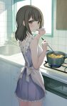  1girl absurdres apron blue_dress blush brown_eyes brown_hair cabinet closed_mouth cooking cowboy_shot dress echiru39 faucet frilled_dress frills from_behind highres holding indoors ladle long_hair looking_at_viewer looking_back original sleeping smile solo tasting white_apron window 