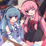  2girls :d absurdres black_dress blue_hair blue_ribbon blush detached_sleeves dress hair_ribbon headphones hibino_000 highres indoors kotonoha_akane kotonoha_aoi long_hair long_sleeves low_tied_sidelocks multiple_girls one_eye_closed open_mouth pink_eyes pink_hair radio_booth red_ribbon ribbon siblings sisters smile thighhighs very_long_hair voiceroid white_dress white_thighhighs 