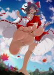  1girl absurdres ascot barefoot blush bow breasts brown_eyes brown_hair detached_sleeves feet foot_focus frilled_bow frilled_hair_tubes frilled_skirt frills full_moon giant giantess hair_bow hair_tubes hakurei_reimu highres kkix25 looking_at_viewer medium_hair moon open_mouth outdoors red_skirt red_vest ribbon-trimmed_sleeves ribbon_trim shrine sideboob skirt solo sweat touhou vest wide_sleeves yellow_ascot 