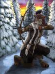  absurd_res anthro arrow_(weapon) bow_(weapon) brown_body brown_fur canid canine canis clothing coat crouching dire_wolf evergreen_tree female fur fur_lined_clothing fur_markings hi_res hunting mammal markings morning mountain pine_tree plant ranged_weapon secrets_of_uncrom sivra_lundvar sky snow snowflake snowing solo sunrise topwear tree uncrom valtalska valtalska_dercas weapon winter yellow_eyes yenocwolf 