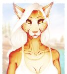  2020 anthro bethesda_softworks big_breasts blurred_background breasts cleavage clothed clothing collarbone ear_piercing ear_ring eyelashes facial_markings felid female fur gold_(metal) gold_jewelry gold_necklace hair head_markings hi_res inner_ear_fluff jewelry khajiit long_hair looking_at_viewer m&#039;yla mammal markings necklace perlarose piercing pink_nose ring_piercing solo the_elder_scrolls topwear tuft whiskers white_clothing white_hair white_topwear yellow_body yellow_eyes yellow_fur 
