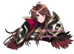  1girl antenna_hair armor black_armor brown_hair commission commission_watermark english_commentary fire_emblem fire_emblem:_mystery_of_the_emblem fire_emblem_heroes gold_trim highres long_hair parted_bangs red_eyes sakurachanart02 sheena_(fire_emblem) sheena_(resplendent)_(fire_emblem) shoulder_armor solo upper_body v-shaped_eyebrows white_background 