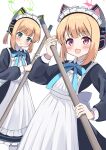  2girls :3 :d animal_ear_headphones animal_ears apron blonde_hair blue_archive blue_bow blue_bowtie blunt_bangs bow bowtie cat_ear_headphones commentary_request efu_(ehutan) fake_animal_ears frilled_apron frills green_eyes halo headphones highres holding holding_mop long_hair long_sleeves looking_at_viewer low_ponytail maid maid_apron maid_headdress midori_(blue_archive) midori_(maid)_(blue_archive) momoi_(blue_archive) momoi_(maid)_(blue_archive) mop multiple_girls official_alternate_costume official_alternate_hairstyle parted_bangs red_eyes siblings sidelocks simple_background smile twins white_apron white_background 