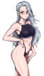  1girl abs armpits blush breasts brown_eyes grey_hair hair_behind_ear hand_on_own_hip hand_on_own_thigh highres large_breasts long_hair nail_polish navel niijima_sae persona persona_5 persona_5_the_royal purple_nails shadertoons shirt solo stomach taut_clothes taut_shirt thighs toned underwear 