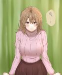  1girl blonde_hair blush breasts cowboy_shot curtains highres isshiki_iroha large_breasts light_(lightpicture33) looking_at_viewer medium_hair pink_sweater pout red_skirt skirt solo sweater turtleneck turtleneck_sweater yahari_ore_no_seishun_lovecome_wa_machigatteiru. yellow_eyes 