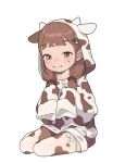 1girl absurdres animal_costume animal_ears animal_print brown_eyes brown_hair child cow_ears cow_girl cow_print fake_animal_ears full_body highres looking_at_viewer low_twintails opossumachine original simple_background sitting thighhighs twintails white_background 
