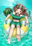  1girl :d absurdres afloat animal_ears arknights bandaid bandaid_on_knee bandaid_on_leg bare_legs barefoot bikini blush blush_stickers bow brown_eyes brown_hair bubble_(arknights) buchi0122 collarbone feet food frilled_bikini frills fruit full_body green_bikini green_bow green_nails green_shorts hair_bow hair_ornament hairclip highres holding horns innertube long_hair looking_at_viewer midriff nail_polish navel on_innertube open_mouth partially_submerged sandals sandals_removed shorts single_horn sitting smile soles solo summer swimsuit tankini toenail_polish toenails toes water watermelon wet 