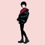  1girl amagami black_eyes black_footwear black_hair black_jacket black_pants bob_cut closed_mouth full_body highres jacket long_sleeves looking_at_viewer nanasaki_ai open_clothes open_jacket oshizu pants pink_background red_sweater shoes short_hair simple_background solo standing sweater winter_clothes 