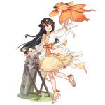  1girl animal_request ankle_ribbon bird black_hair bow braid brown_eyes champagne_flute clothing_request collarbone colored_shoe_soles cup dress drinking_glass eurasian_tree_sparrow flower folding_table food french_braid full_body girls&#039;_frontline grass hair_flower hair_ornament hairband holding holding_kite kite leg_ribbon long_hair long_sleeves looking_up no_socks official_alternate_costume official_art open_mouth orange_bow orange_dress orange_hairband orange_ribbon qbu-88_(explorer_of_the_wild)_(girls&#039;_frontline) ribbon shuzi simple_background sleeveless sleeveless_dress solo sparrow standing standing_on_one_leg table teeth tiered_tray transparent_background upper_teeth_only waist_bow weapon_case yellow_footwear 