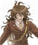  1boy :d blush brown_hair brown_jacket brown_pants buttons collared_shirt danganronpa_(series) danganronpa_v3:_killing_harmony fang glasses gokuhara_gonta highres insect_cage jacket kumakoro_(tetsupag) long_hair male_focus messy_hair pants round_eyewear shirt smile solo teeth upper_teeth_only white_shirt 