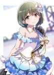  1girl bare_shoulders blurry blurry_background blush collarbone detached_collar dress feather_hair_ornament feathers green_eyes green_hair hair_ornament idolmaster idolmaster_shiny_colors layered_dress looking_at_viewer nanakusa_nichika plaid ribbon sash short_hair smile solo stage stage_lights tsuezu white_dress white_ribbon 