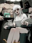  1girl 2boys blush cat cup drink drinking_glass drinking_straw food gogalking highres holding holding_tray ice ice_cream ice_cube interrogation mask multiple_boys muscular muscular_male on_chair original pointy_ears short_shorts shorts sitting sweat tray wafer 