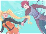  blonde_hair blue_eyes blush breasts gaara_(naruto) green_eyes holding_hands large_breasts naruko_(naruto) naruto naruto_(series) naruto_shippuuden open_mouth red_hair risuo sexy_no_jutsu shorts simple_background smile twintails uzumaki_naruto 