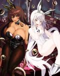  2girls absurdres animal_ears black_leotard blanc_(nikke) blush breasts brown_eyes brown_hair coin crossed_legs dark-skinned_female dark_skin detached_collar goddess_of_victory:_nikke highres large_breasts leotard long_hair looking_at_viewer medium_breasts multiple_girls nervous_smile noir_(nikke) open_mouth playboy_bunny pole pole_dancing rabbit_ears smile stripper stripper_pole takotobuta v white_hair white_leotard 