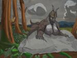  1_hand 5_horns absurd_res anthro avian big_breasts bird breasts butt ceratopsian cloud diabloceratops dinosaur duo female hi_res horn male male/female multi_horn nalgueon ornithischian plant reptile rock scalie tail thick_thighs tree 