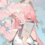  1girl animal_ears blue_background book cherry_blossoms clothing_request dress earrings fox_ears fox_girl genshin_impact holding holding_book japanese_clothes jewelry nontraditional_miko pink_hair purple_eyes red_eyeliner rj_(lingshih10) solo white_dress yae_miko 