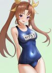  1girl ahoge alternate_costume blue_one-piece_swimsuit blush breasts brown_hair collarbone covered_navel dorachan_r hair_ribbon kagerou_(kancolle) kantai_collection long_hair looking_at_viewer name_tag old_school_swimsuit one-piece_swimsuit open_mouth purple_eyes ribbon school_swimsuit small_breasts smile solo swimsuit twintails yellow_ribbon 