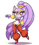  1girl arabian_clothes baggy_pants blaze_the_cat bracer cosplay earrings eyelashes highres jewelry long_hair looking_at_viewer midriff navel o-ring o-ring_top pants pastellovesya ponytail purple_fur red_footwear red_pants shantae shantae_(cosplay) shantae_(series) sonic_(series) very_long_hair white_background yellow_eyes 