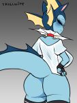  3:4 anthro bell bell_collar big_breasts blue_body blush bottomless breasts clothed clothing collar eeveelution female fingerless_gloves generation_1_pokemon gloves handwear hi_res legwear mammal nintendo pokemon pokemon_(species) pukemilked shirt skullwife smile solo tail thigh_highs topwear translucent translucent_clothing vaporeon 