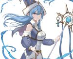  1girl blue_eyes blue_hair braid breast_strap breasts detached_sleeves dress duel_monster hat holding holding_staff large_breasts long_hair long_sleeves looking_at_viewer nb pointy_ears pointy_hat single_braid solo staff water_enchantress_of_the_temple wizard_hat yu-gi-oh! 