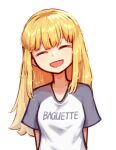  1girl :d alternate_costume blonde_girl_(popopoka) blonde_hair borrowed_character collarbone facing_viewer grey_background grey_shirt long_hair open_mouth original rollerman shirt simple_background smile solo two-tone_shirt upper_body white_shirt 