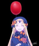  1girl abigail_williams_(fate) balloon beret black_background black_dress black_headwear blonde_hair blush bow closed_eyes dress fate_(series) forehead grin hair_bow hat holding holding_stuffed_toy keyhole long_hair minazuki_tsuyuha multiple_hair_bows orange_bow parted_bangs polka_dot polka_dot_bow sharp_teeth simple_background sleeves_past_fingers sleeves_past_wrists smile solo stuffed_animal stuffed_toy teddy_bear teeth third_eye 