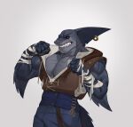  angry anthro biceps clenched_teeth clothed clothing digital_drawing_(artwork) digital_media_(artwork) edvardiko fin fish fist gills hi_res kuyo looking_at_viewer male marine muscular muscular_male pecs piercing scales scar shark simple_background solo standing teeth vein veiny_muscles wrappings 
