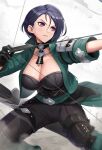  1girl arrow_(projectile) belt black_pants blue_hair bodice bow_(weapon) breasts choker cleavage drawing_bow fire_emblem fire_emblem:_three_houses gloves gonzarez green_belt green_jacket highres holding holding_bow_(weapon) holding_weapon jacket large_breasts open_clothes open_jacket pants purple_eyes quiver redrawn shamir_nevrand short_hair simple_background smile solo weapon 
