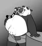  2023 abdominal_bulge anthro bear belly big_belly bottomwear claws clothed clothing dreamworks duo eyes_closed felid female fur giant_panda hand_on_counter hand_on_stomach head_back kung_fu_panda male mammal markings master_po_ping master_tigress monochrome obese obese_anthro obese_male omny87 overweight overweight_anthro overweight_male pantherine patch_(fabric) paws shirtless shirtless_anthro shirtless_male shorts soft_vore standing stitch_(sewing) striped_body striped_fur striped_markings striped_tail stripes tail tail_markings tiger topless topless_anthro topless_male vore 
