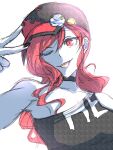  1girl alternate_costume alternate_hairstyle black_nails collar collarbone earth_(ornament) hecatia_lapislazuli highres kamekichi27 long_hair looking_at_viewer red_eyes red_hair shirt single-shoulder_shirt smile solo tongue tongue_out touhou upper_body wavy_hair 