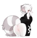  2023 anthro anus big_tail blush bottomless butt clothed clothing female fur genitals hair hi_res katsucoffee looking_at_viewer mammal markings procyonid pussy raccoon simple_background solo striped_markings striped_tail stripes tail tail_markings white_background 