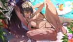  1girl armpits arms_behind_head arms_up bare_shoulders barefoot black_hair black_slingshot_swimsuit blue_archive blush breasts cleavage collarbone cup dark-skinned_female dark_skin drinking_glass halo kakumayu karin_(blue_archive) large_breasts long_hair looking_at_viewer navel ponytail pool poolside slingshot_swimsuit solo spread_legs swimsuit table very_long_hair wet yellow_eyes 