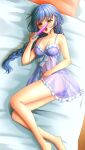  1girl bare_arms bare_legs bed_sheet blue_hair braid braided_ponytail breasts cleavage collarbone dildo doukyuusei_2 doukyuusei_another_world fellatio from_above holding holding_sex_toy licking licking_dildo long_hair lying medium_breasts negligee on_side open_mouth oral purple_negligee see-through sex_toy simulated_fellatio single_braid solo tongue tongue_out very_long_hair yasuda_azumi yellow_eyes 