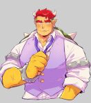  1boy alternate_costume bara blush bowser cropped_torso dragon_boy dragon_horns fang forked_eyebrows highres horns huge_eyebrows humanization large_pectorals looking_at_viewer loose_necktie male_focus mario_(series) mature_male muscular muscular_male necktie nervous_sweating pectorals pointy_ears purple_vest red_hair scales short_hair skin_fang solo sweat undercut vest yowasabimechaoc 