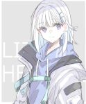  1girl blue_hair blue_hoodie hair_ornament hairclip highres hood hoodie issei_(g_issei01) jacket jacket_over_hoodie lize_helesta long_hair multicolored_hair nijisanji open_clothes open_jacket purple_eyes smile solo virtual_youtuber white_hair white_jacket 