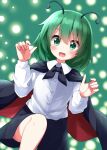  1girl antennae black_cape black_shorts blush buttons cape collared_shirt green_eyes green_hair hair_between_eyes highres long_sleeves open_mouth ruu_(tksymkw) shirt short_hair shorts smile solo touhou white_shirt wriggle_nightbug 