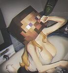  1girl absurdres artist_name bathtub black_shorts blonde_hair bottle breasts brodie_helmet camisole cleavage combat_helmet cosplay cross drink film_grain greek_cross helmet highres holding holding_bottle large_breasts long_hair minecraft nuko_(shoujo_shuumatsu_ryokou) nyztsune shorts shoujo_shuumatsu_ryokou solo steve_(minecraft) steve_(minecraft)_(cosplay) white_camisole wine_bottle yuuri_(shoujo_shuumatsu_ryokou) 