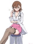  1girl absurdres black_garter_straps breasts brown_eyes brown_hair brown_thighhighs closed_mouth collarbone collared_shirt commentary_request crossed_legs dated doctor garter_straps glasses hair_between_eyes hand_on_eyewear hand_on_own_elbow highres lab_coat long_bangs long_sleeves looking_at_viewer misaka_imouto_10032 official_alternate_costume pencil_skirt pink-framed_eyewear pink_skirt semi-rimless_eyewear shirt sitting skirt small_breasts solo sparkle stethoscope swivel_chair takatisakana thighhighs toaru_kagaku_no_railgun toaru_majutsu_no_index white_background white_shirt 