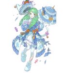  1girl alternate_costume animal_hands bell blush candy cat_tail detached_sleeves dress drill_hair fake_tail fire_emblem fire_emblem_heroes flayn_(fire_emblem) flayn_(halloween)_(fire_emblem) food frills full_body gloves green_eyes green_hair hair_ornament hat highres holding holding_umbrella jack-o&#039;-lantern jingle_bell long_hair long_sleeves non-web_source official_alternate_costume official_art open_mouth pantyhose paw_gloves paw_print paw_shoes pumpkin ribbon short_dress skirt striped sweat sweatdrop tail tobi_(kotetsu) torn_clothes torn_pantyhose torn_skirt transparent_background umbrella vertical_stripes 