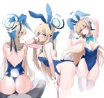  1boy 1girl absurdres animal_ears ass bare_shoulders blonde_hair blue_archive blue_eyes blue_leotard bow bowtie braid breasts detached_collar fake_animal_ears girl_on_top halo hetero highres leotard long_hair looking_at_viewer medium_breasts multicolored_hair multiple_views niku_(hamuchang) official_alternate_costume playboy_bunny rabbit_ears strapless strapless_leotard streaked_hair thigh_gap thighhighs thighs toki_(blue_archive) toki_(bunny)_(blue_archive) very_long_hair white_background white_thighhighs wrist_cuffs 
