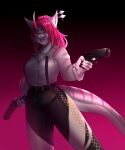  anthro clothing dragon female gun gunshot hair hi_res horn murfa pink_eyes pink_hair ranged_weapon shirt solo suspenders topwear weapon 