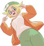  1girl :o bianca_(pokemon) blonde_hair bow english_commentary flipped_hair from_below green_eyes green_headwear green_pants hat hat_bow highres jacket long_sleeves looking_at_viewer orange_jacket pants pokemon pokemon_(game) pokemon_bw red-framed_eyewear rodgewp shirt short_hair solo transparent_background white_bow white_shirt 