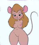  2023 anthro bedroom_eyes breasts brown_hair chip_&#039;n_dale_rescue_rangers disney female front_view gadget_hackwrench genitals hair hands_behind_back hi_res kayraitzayana mammal mouse murid murine narrowed_eyes nipples nude nude_female on_model portrait pussy rodent seductive smile solo standing three-quarter_portrait vhs_filter wide_hips 