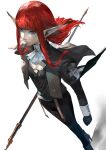  1girl ascot black_gloves black_pants blazpu blue_eyes breasts character_request elf floating_hair gloves high_heels highres holding holding_polearm holding_weapon lips long_hair long_sleeves pants pink_lips pointy_ears polearm project_re_fantasy red_hair shadow simple_background small_breasts solo weapon white_ascot white_background 