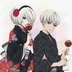  1boy 1girl black_hairband black_kimono blue_eyes candy_apple closed_mouth eyebrows_hidden_by_hair floral_print flower food grey_hair hair_flower hair_ornament hair_over_one_eye hairband highres holding holding_food japanese_clothes kimono long_sleeves looking_at_viewer medium_hair nier:automata nier_(series) no_blindfold print_kimono red_flower red_rose rose shirl_geem short_hair smile wide_sleeves yorha_no._2_type_b yorha_no._9_type_s 