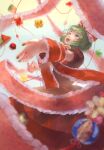  1girl dress green_eyes green_hair hair_ribbon highres kagiyama_hina looking_up medium_hair red_dress red_ribbon ribbon shee_take short_sleeves skirt solo touhou 